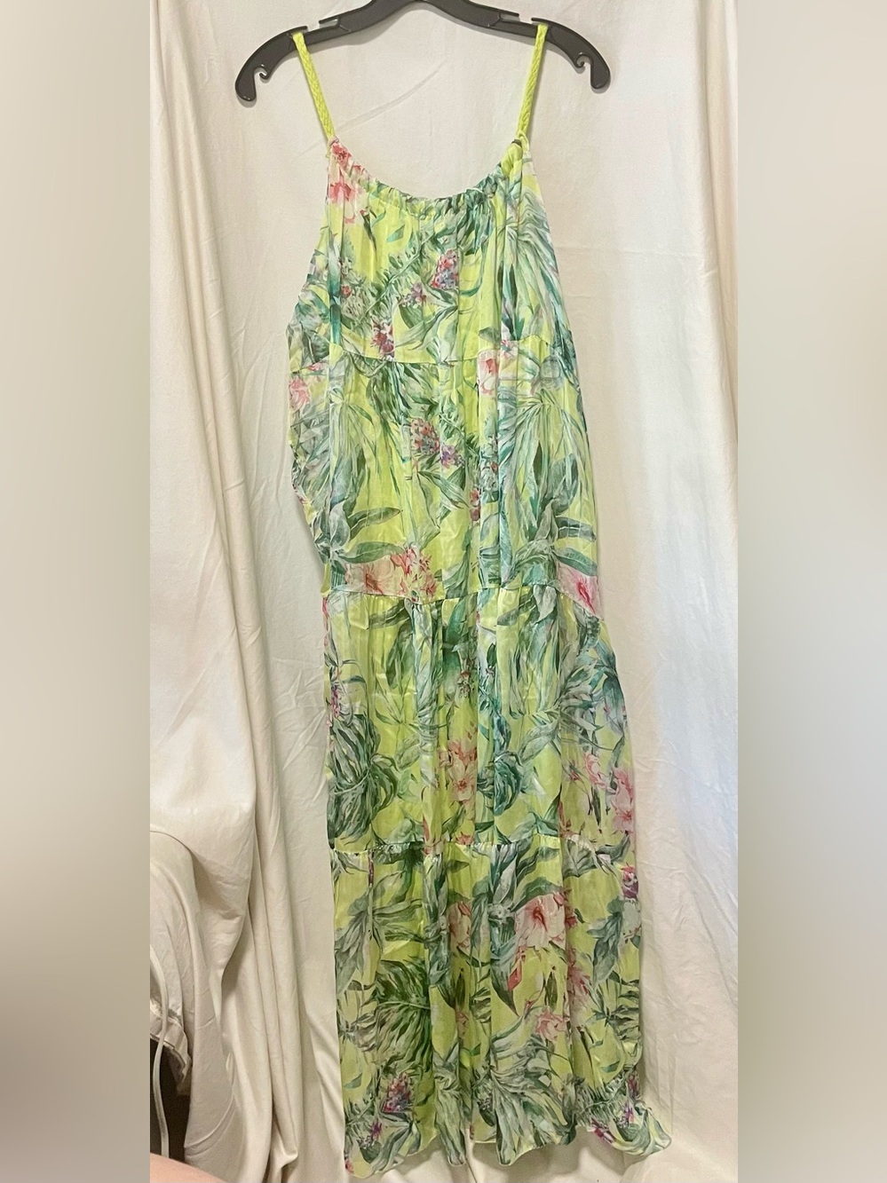 Elena Baldi Silk Blend Tropical Maxi Dress in Lime & Green